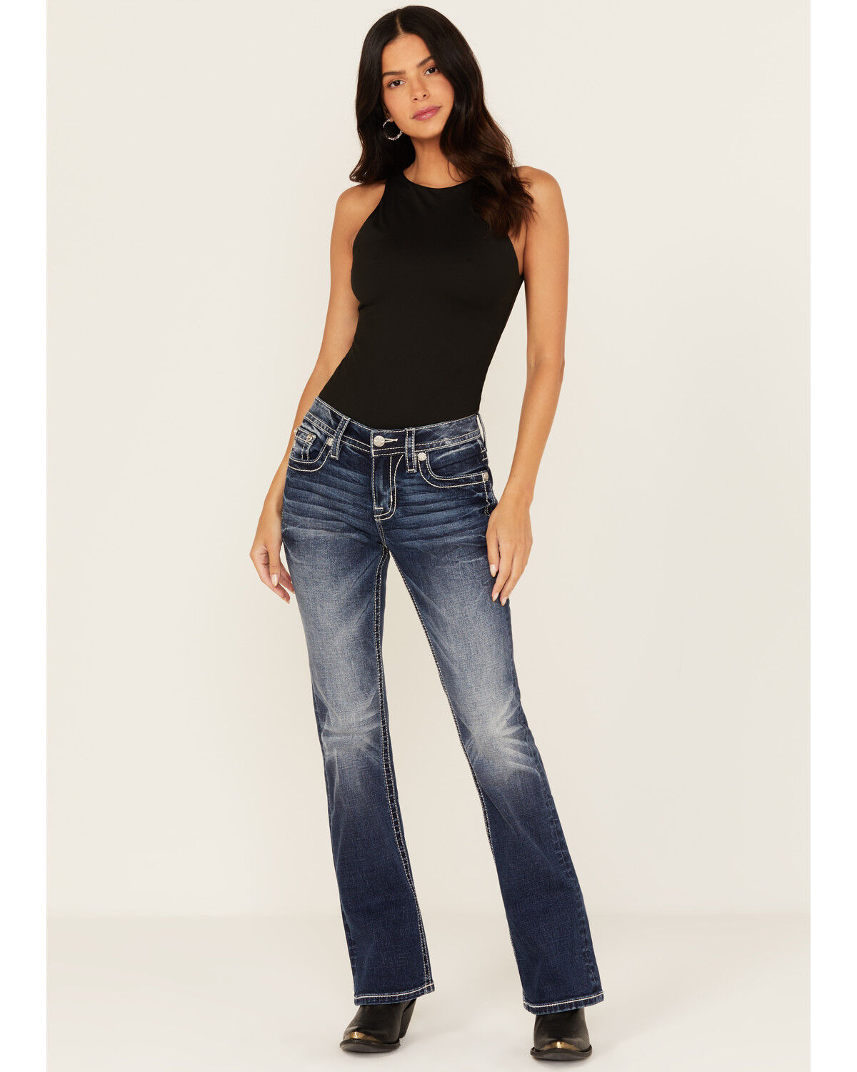 Image #3 - Miss Me Women's Dark Wash Mid Rise Steer Head Pocket Bootcut Stretch Denim Jeans, Dark Wash, hi-res