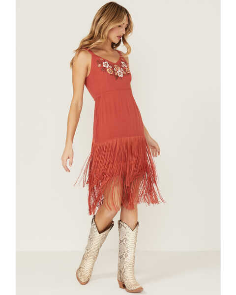 Idyllwind Women's Strawberry Hill Embroidered Floral Fringe Dress, Brick Red, hi-res