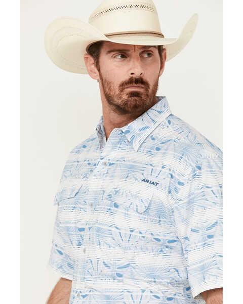 Image #2 - Ariat Men's VentTEK Outbound Striped Leaf Print Short Sleeve Performance Shirt, Light Blue, hi-res