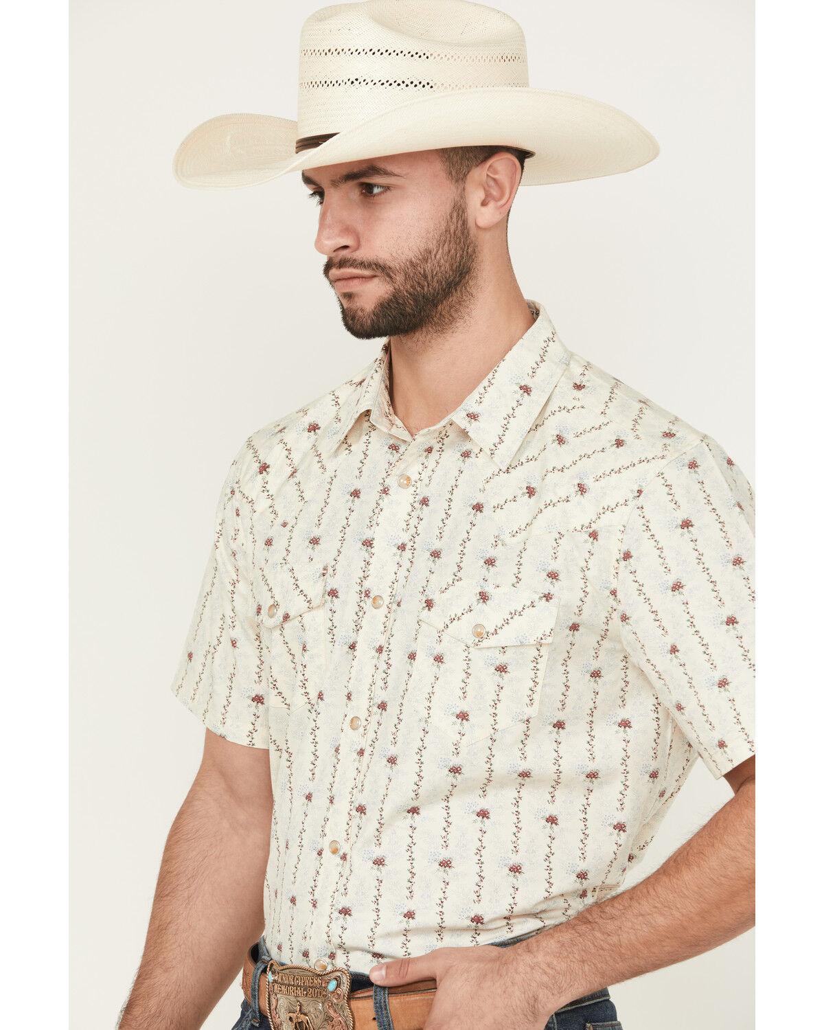 Image #2 - Gibson Trading Co Men's Flower Field Floral Stripe Short Sleeve Snap Stretch Western Shirt, Ivory, hi-res