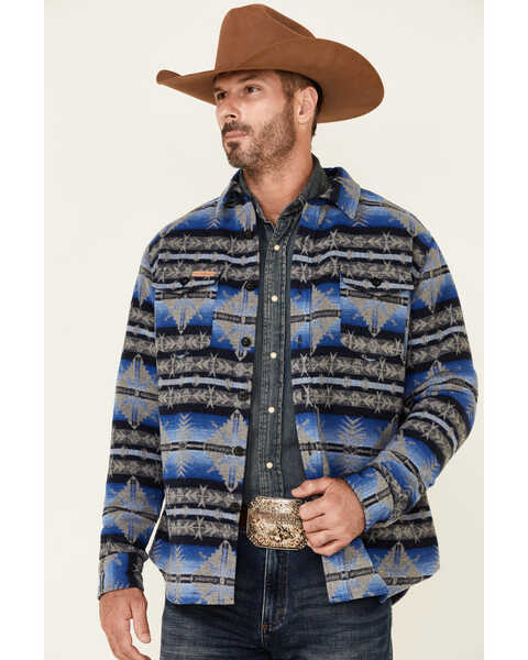 Powder River Outfitters Men's Blue Southwestern Print Button-Front Wool Shirt Jacket , Blue, hi-res