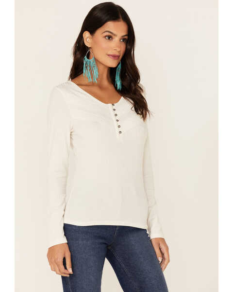 Idyllwind Women's Rolling Meadows Long Sleeve Henley Top , Off White, hi-res