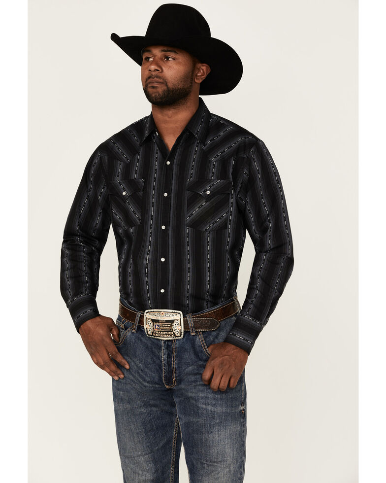 Ely Walker Men's Dobby Stripe Snap Western Shirt , Black, hi-res