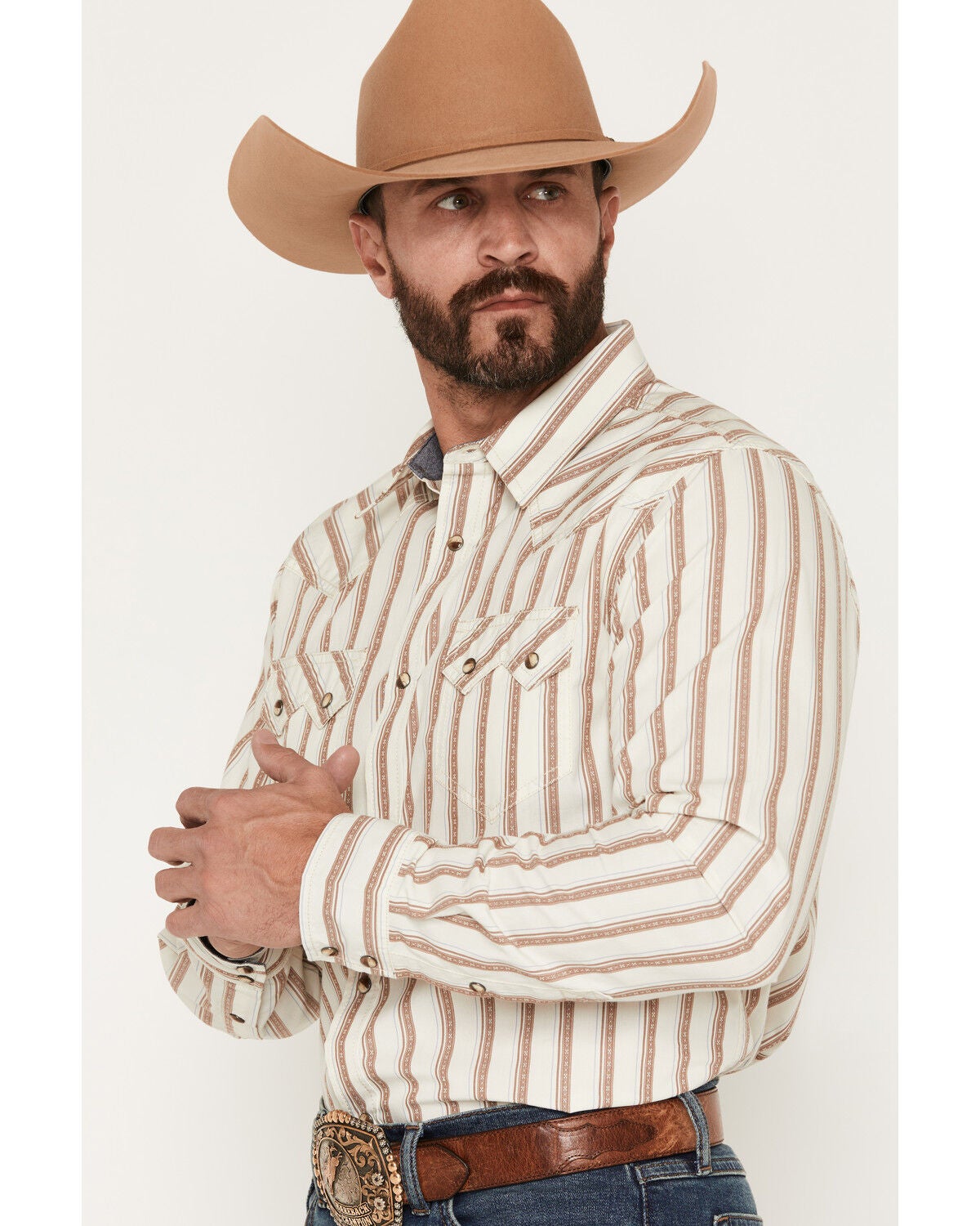 Image #2 - Cody James Men's Trigger Striped Print Long Sleeve Snap Western Shirt, Cream, hi-res