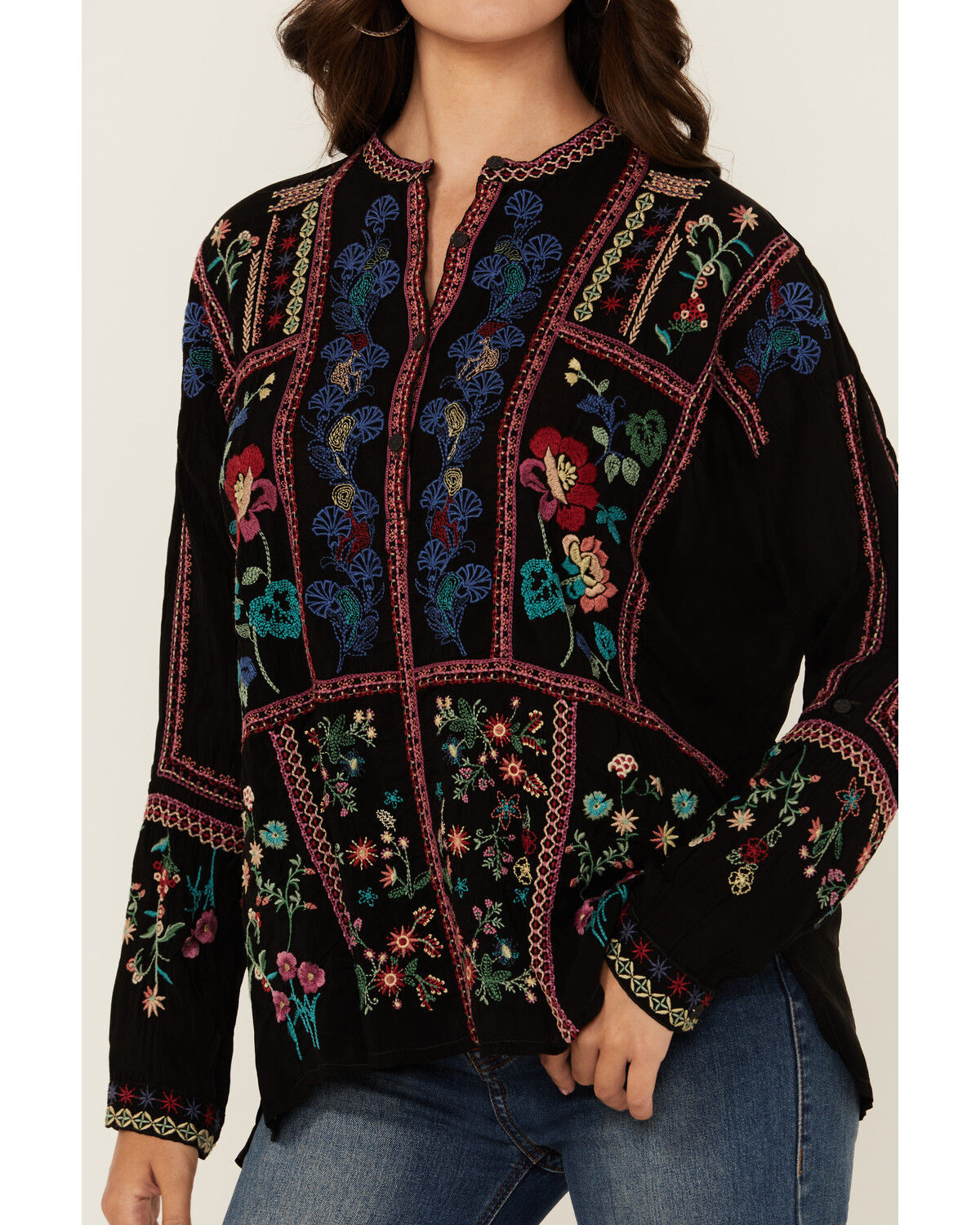 Image #3 - Johnny Was Women's Floral Embroidered Long Sleeve Blouse, Black, hi-res