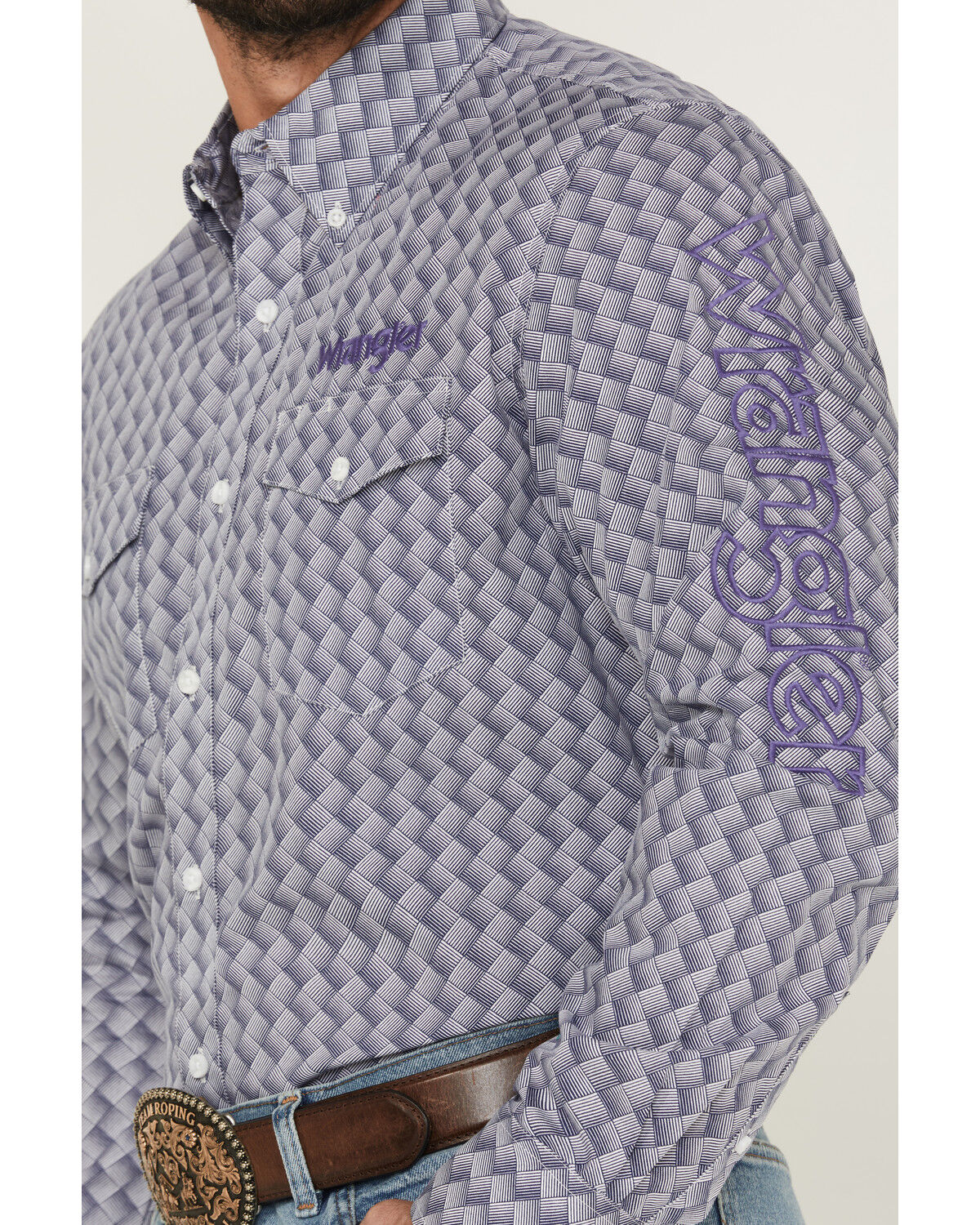 Image #3 - Wrangler Men's Printed Logo Long Sleeve Button-Down Western Shirt, Navy, hi-res