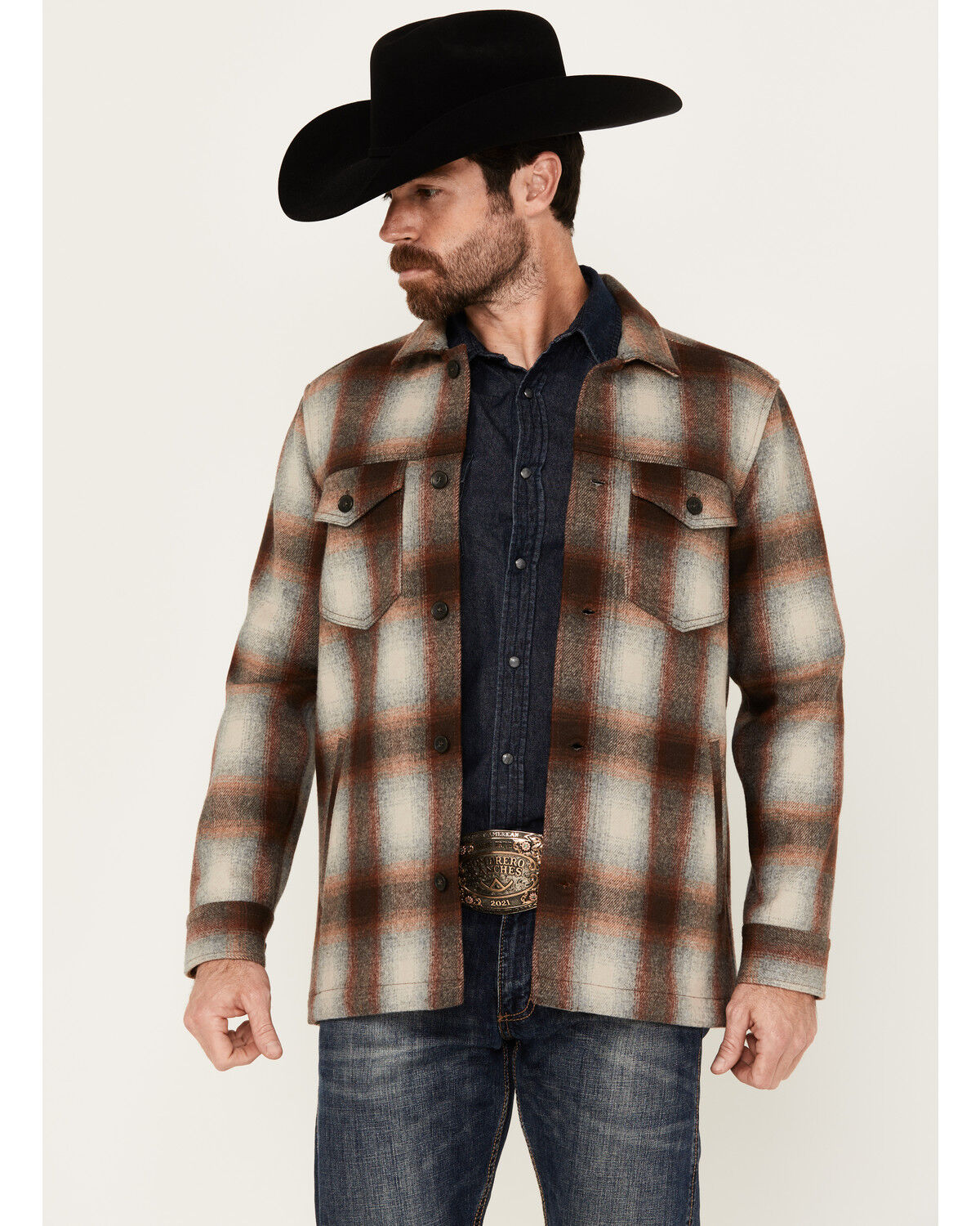 Image #1 - Pendleton Men's Lawson Ombre Plaid Print Long Sleeve Button-Down Shirt Jacket, Brown, hi-res