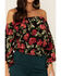 Image #3 - Angie Women's Black & Red Rose Floral Print Long Bell Sleeve Crop Top, , hi-res