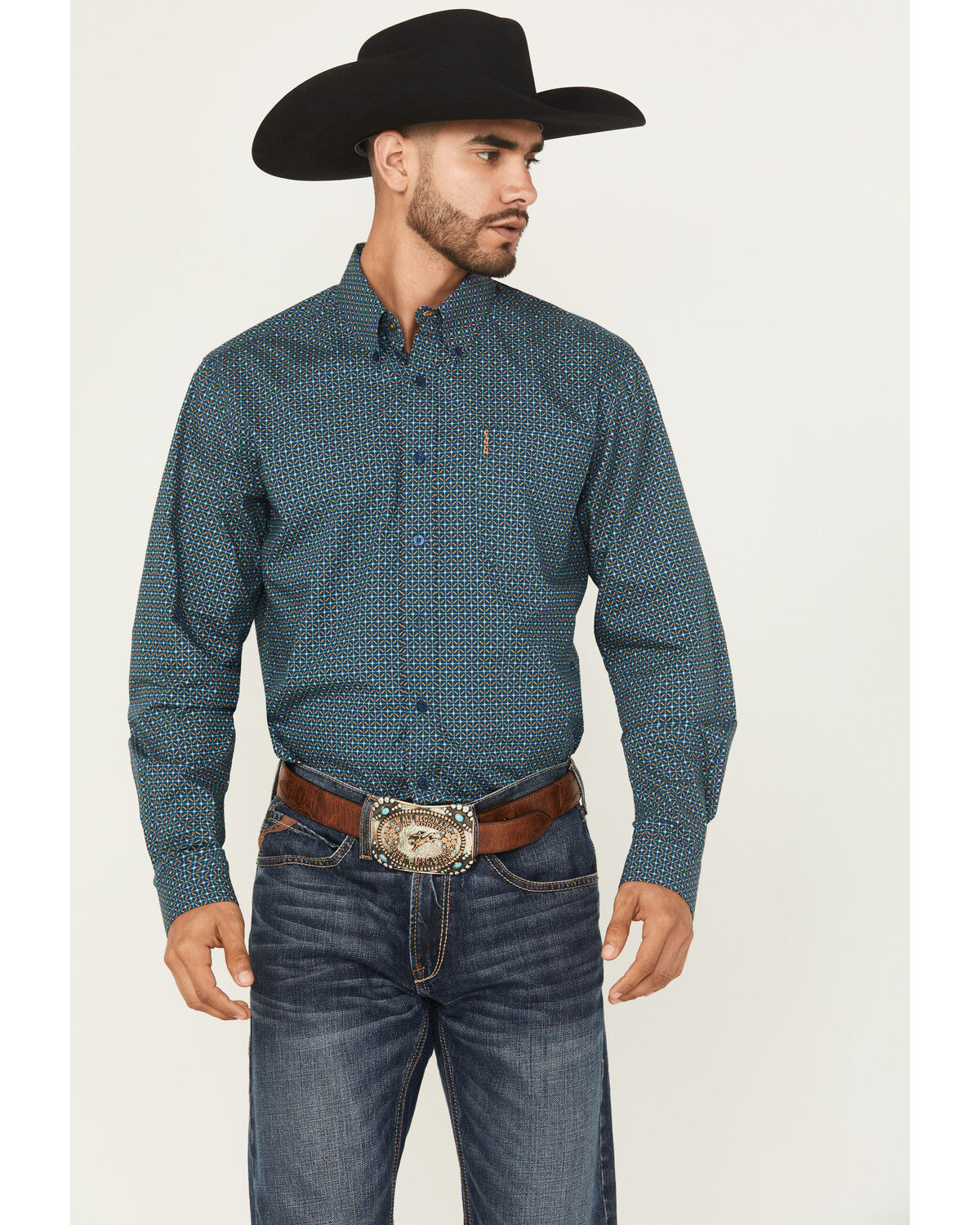 Image #1 - Cinch Men's Printed Long Sleeve Button-Down Western Shirt, Blue, hi-res