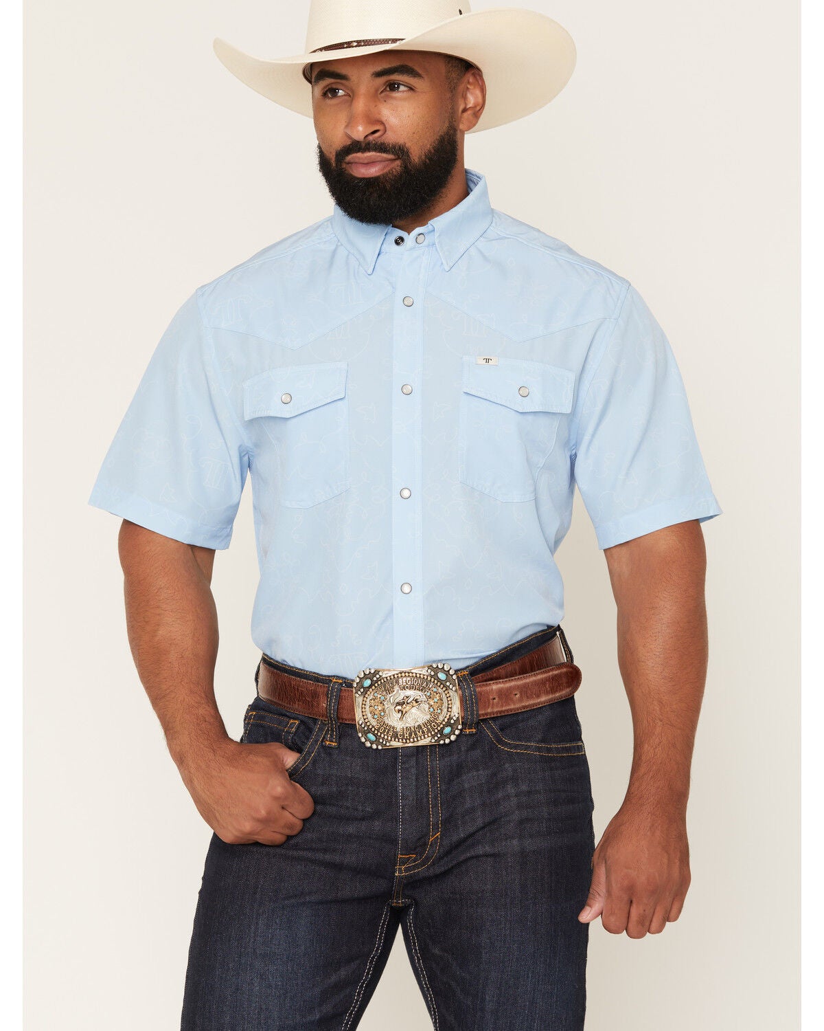 Ferrell Men's Tek Carson Boot Stitch Short Sleeve Snap Performance Western Shirt, Blue, hi-res