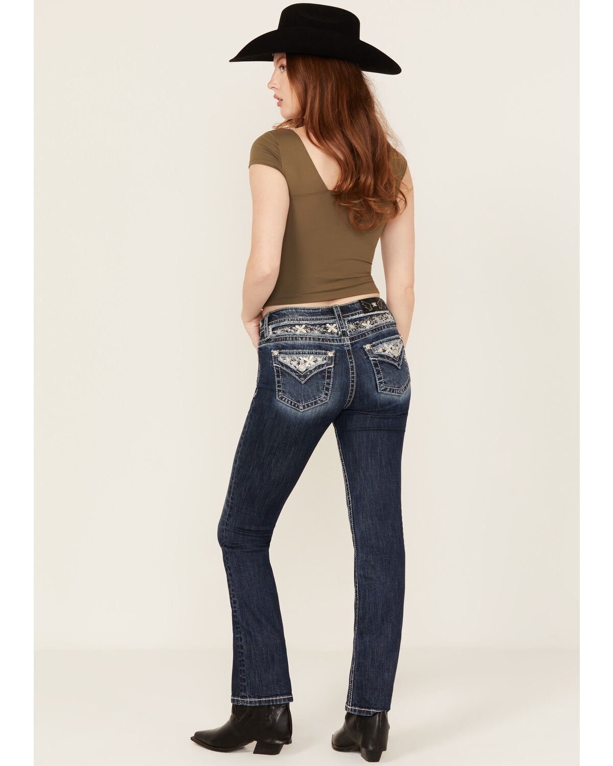 Image #1 - Miss Me Women's Dark Wash Snowflake Embroidered Slim Bootcut Stretch Denim Jeans, Dark Wash, hi-res