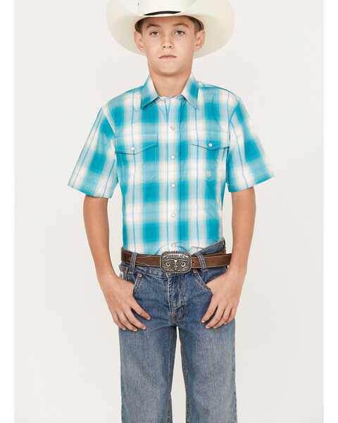 Roper Boys' Amarillo Saddle Plaid Print Short Sleeve Snap Western Shirt, Blue, hi-res