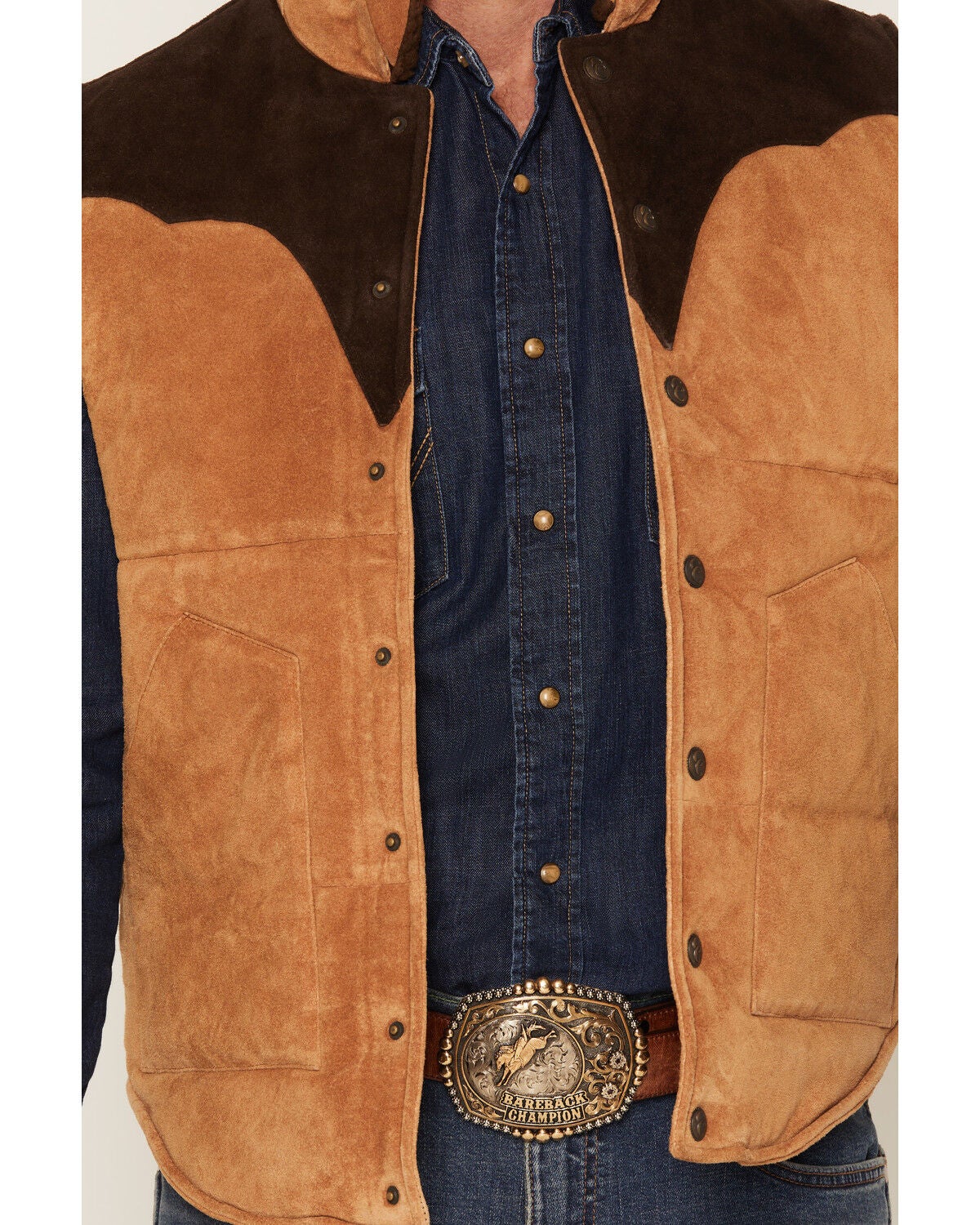 Image #3 - Cripple Creek Men's Suede Color Block Snap Puffer Vest, Cognac, hi-res