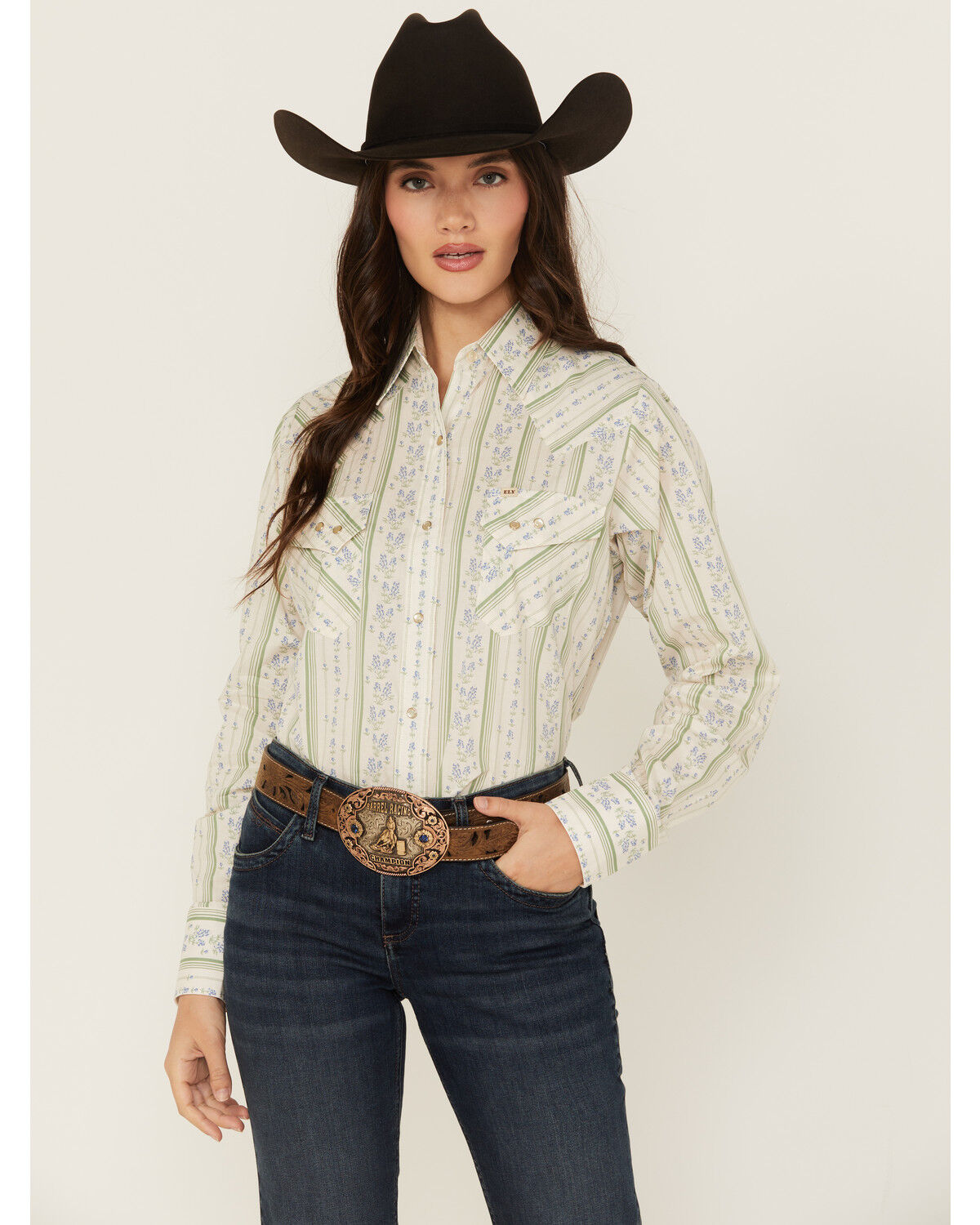Image #1 - Cowboygirl by Jenna Paulette Women's Wallpaper Long Sleeve Pearl Snap Western Shirt, Green, hi-res