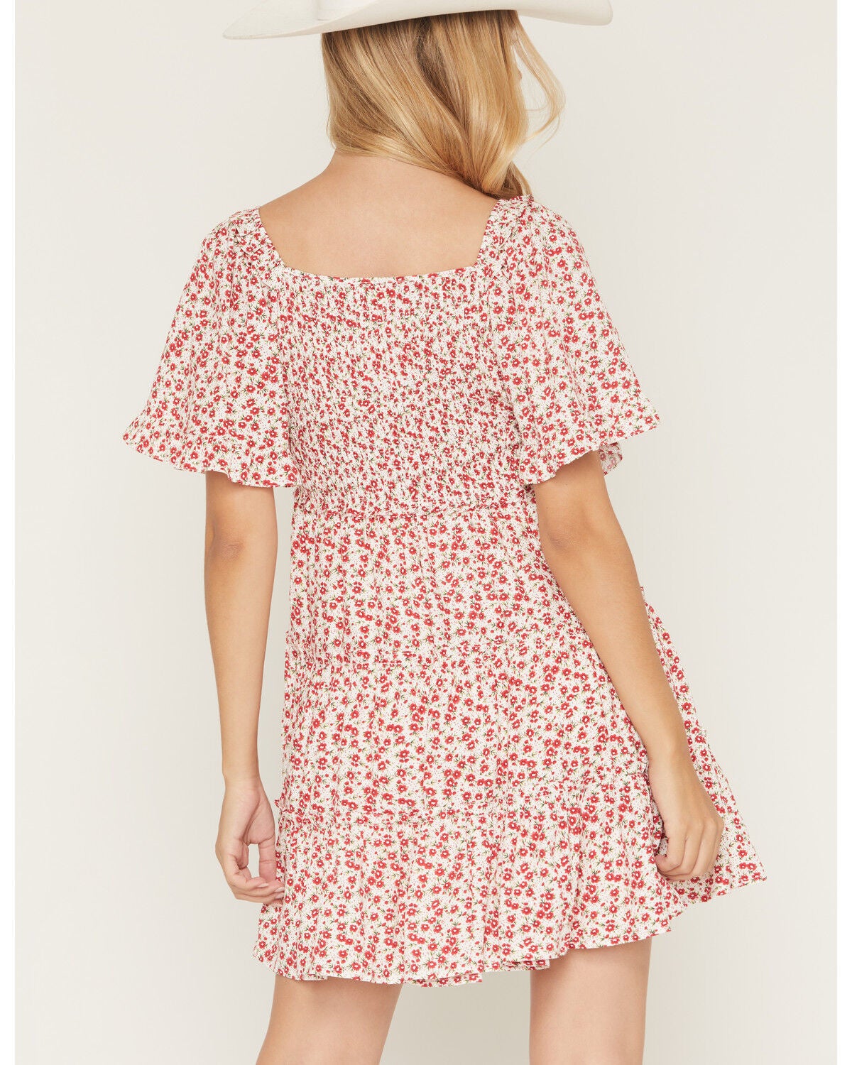 Image #4 - Yura Women's Boot Barn Exclusive Ditsy Floral Smocked Mini Dress, Red, hi-res