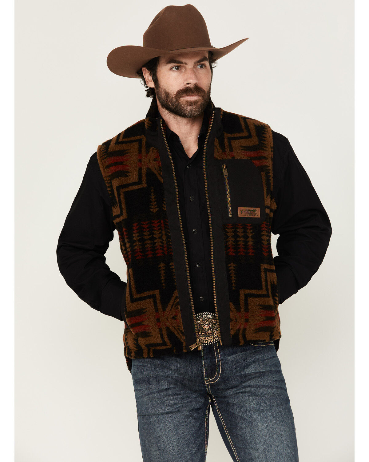 Image #1 - Pendleton Men's Ridgeline Printed Berber Fleece Vest, Black, hi-res