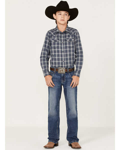 Image #2 - Cody James Boys' Plaid Print Long Sleeve Western Snap Shirt, Navy, hi-res