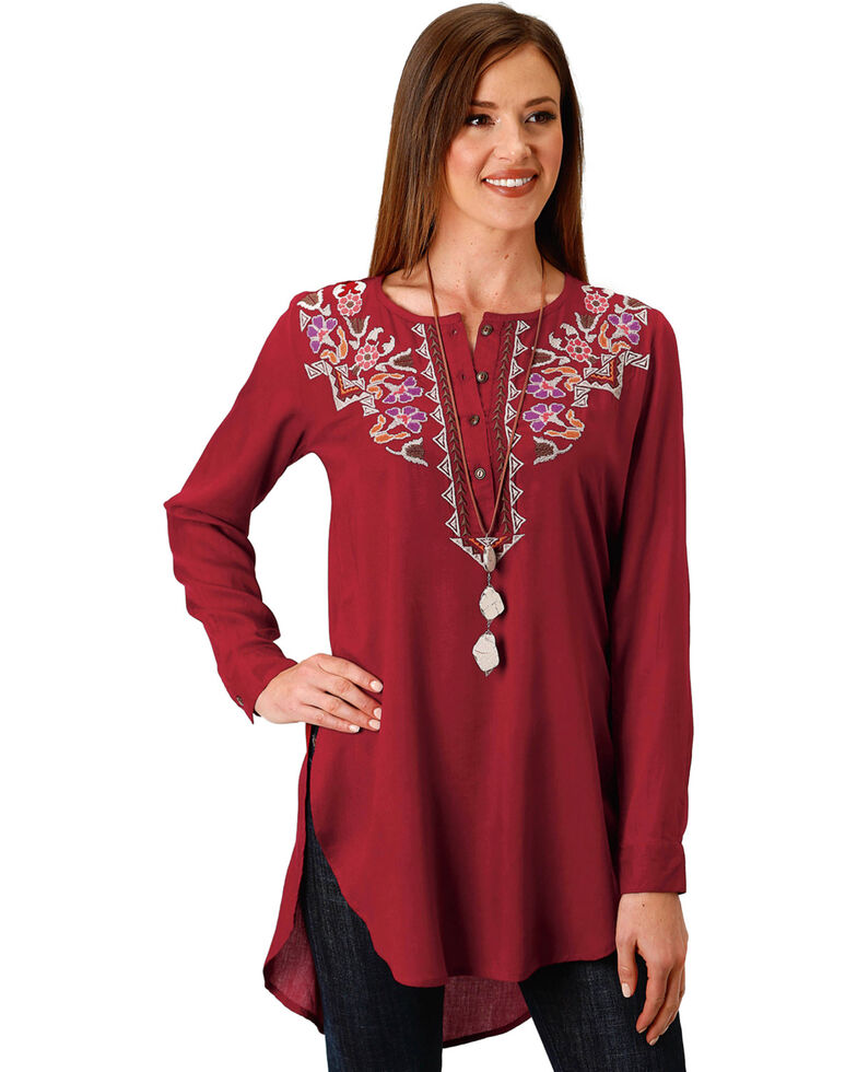 Roper Women's Embroidered Henley Tunic, Wine, hi-res