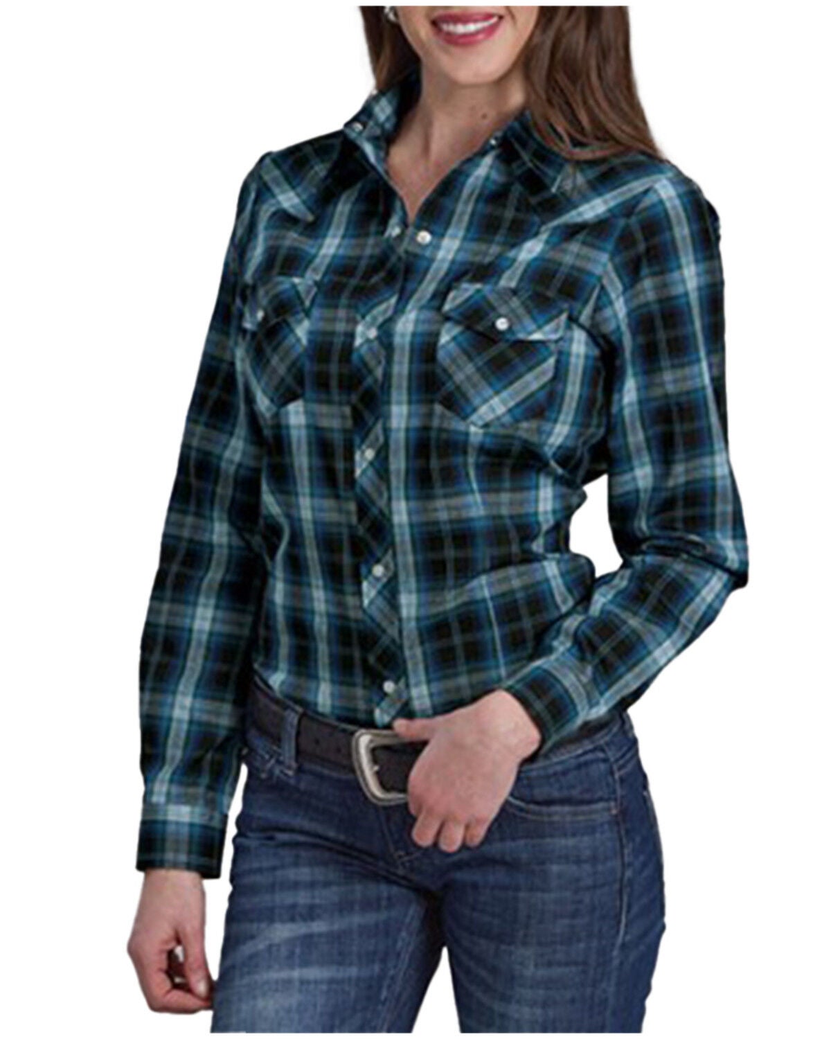 Roper Women's Windowpane Plaid Print Long Sleeve Snap Western Shirt, Blue, hi-res