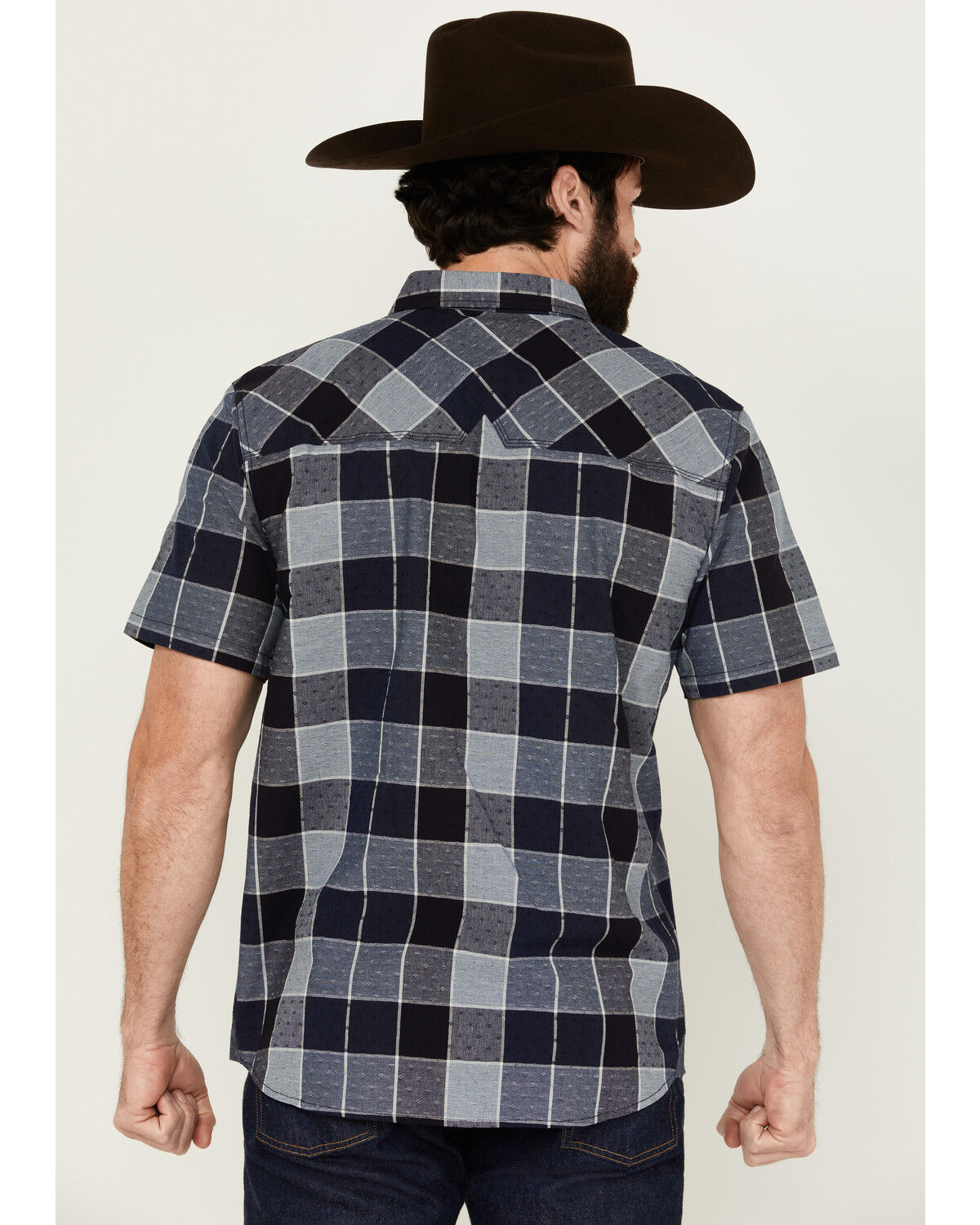 Image #4 - Moonshine Spirit Men's Collide Plaid Print Short Sleeve Snap Western Shirt, Blue, hi-res