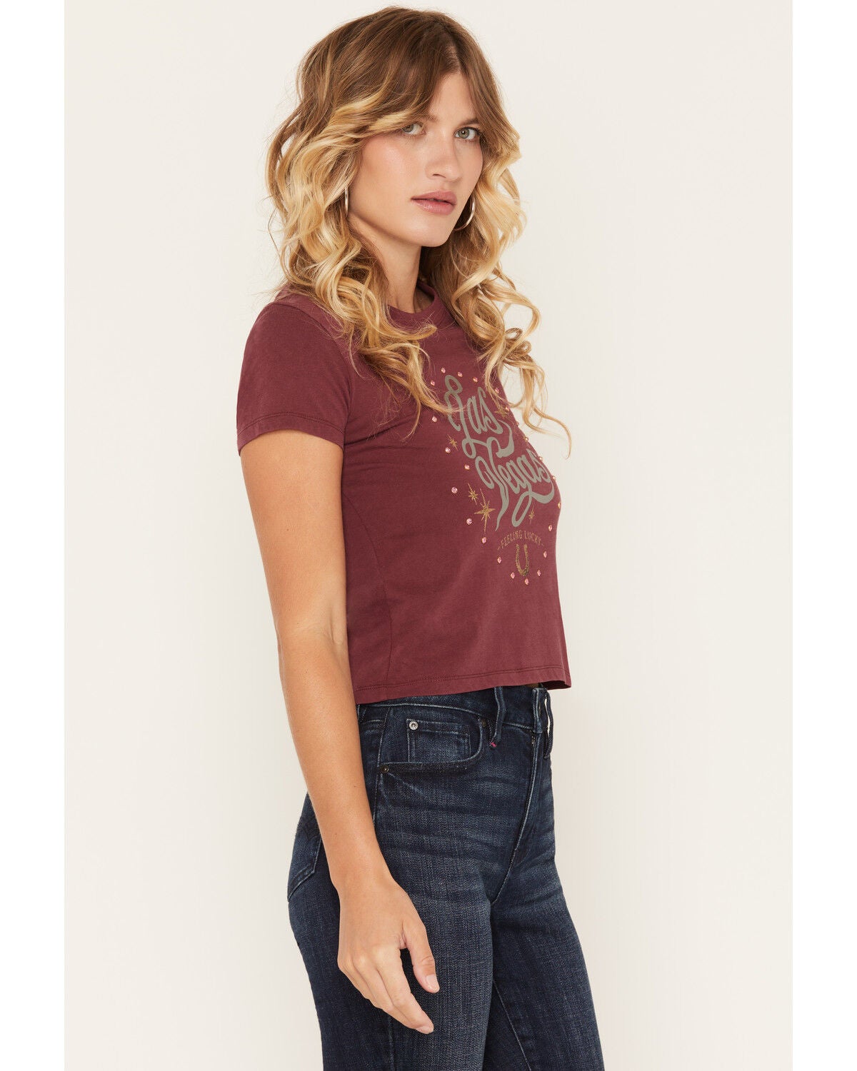 Image #2 - Blue Life Women's Vegas Rhinestone Short Sleeve Graphic Tee, Maroon, hi-res