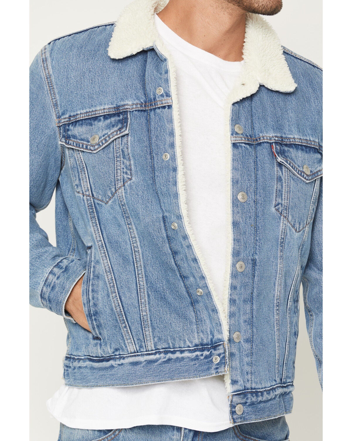 Image #3 - Levi's Men's Light Wash Denim Sherpa Lined Snap Trucker Jacket, Light Wash, hi-res