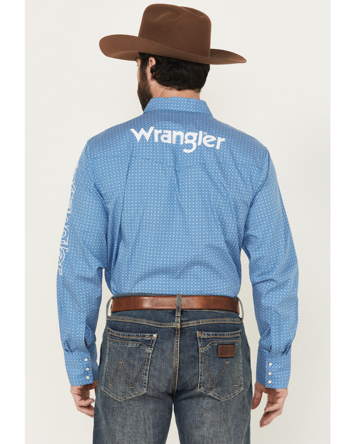 Image #4 - Wrangler Men's Geo Print Logo Long Sleeve Snap Western Shirt, Blue, hi-res