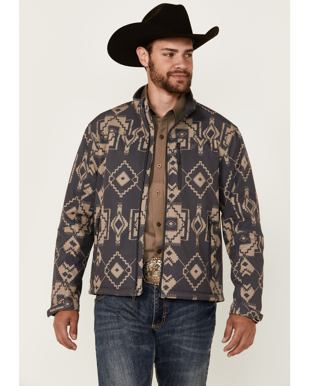 Image #1 - Hooey Men's Southwestern Print Softshell Jacket, Charcoal, hi-res