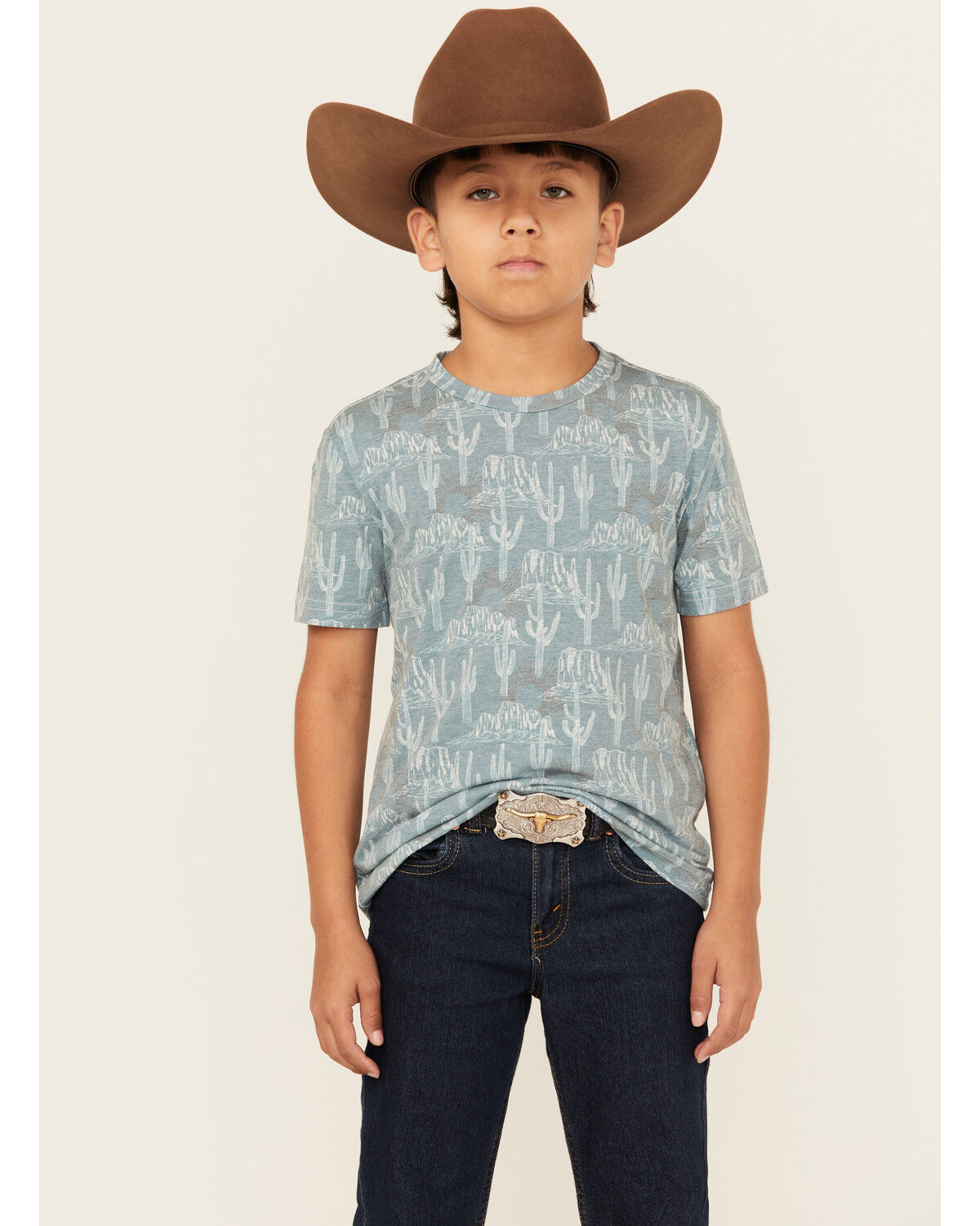 Image #1 - Rock & Roll Denim Boys' Allover Cactus Print Short Sleeve Shirt, Teal, hi-res
