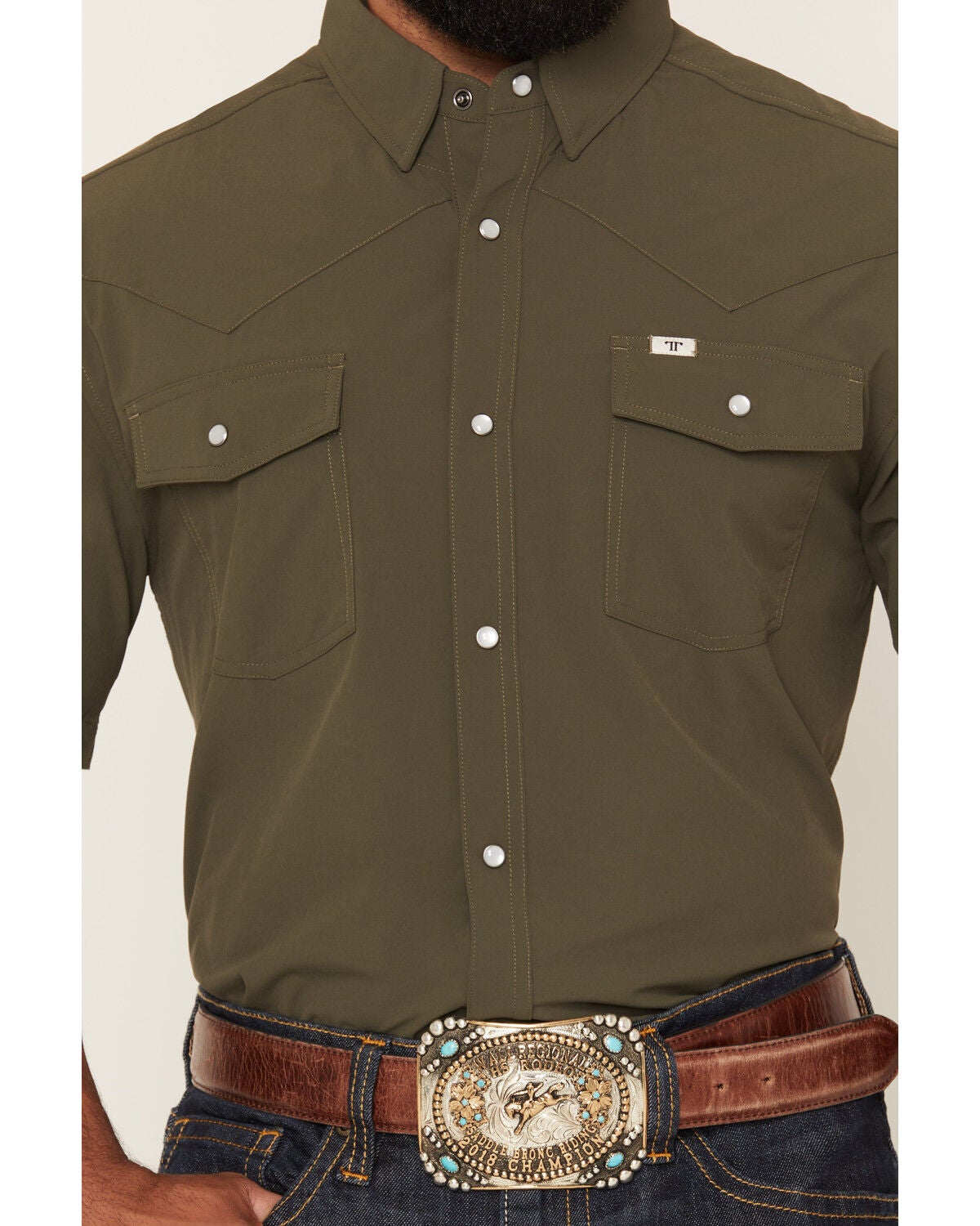 Image #3 - Ferrell Men's Tek Solid Short Sleeve Pearl Snap Stretch Performance Western Shirt, Olive, hi-res
