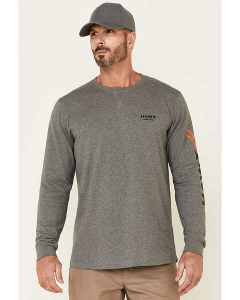 Hawx Men's Charcoal Original Logo Crew Long Sleeve Work T-Shirt - Tall , Charcoal, hi-res