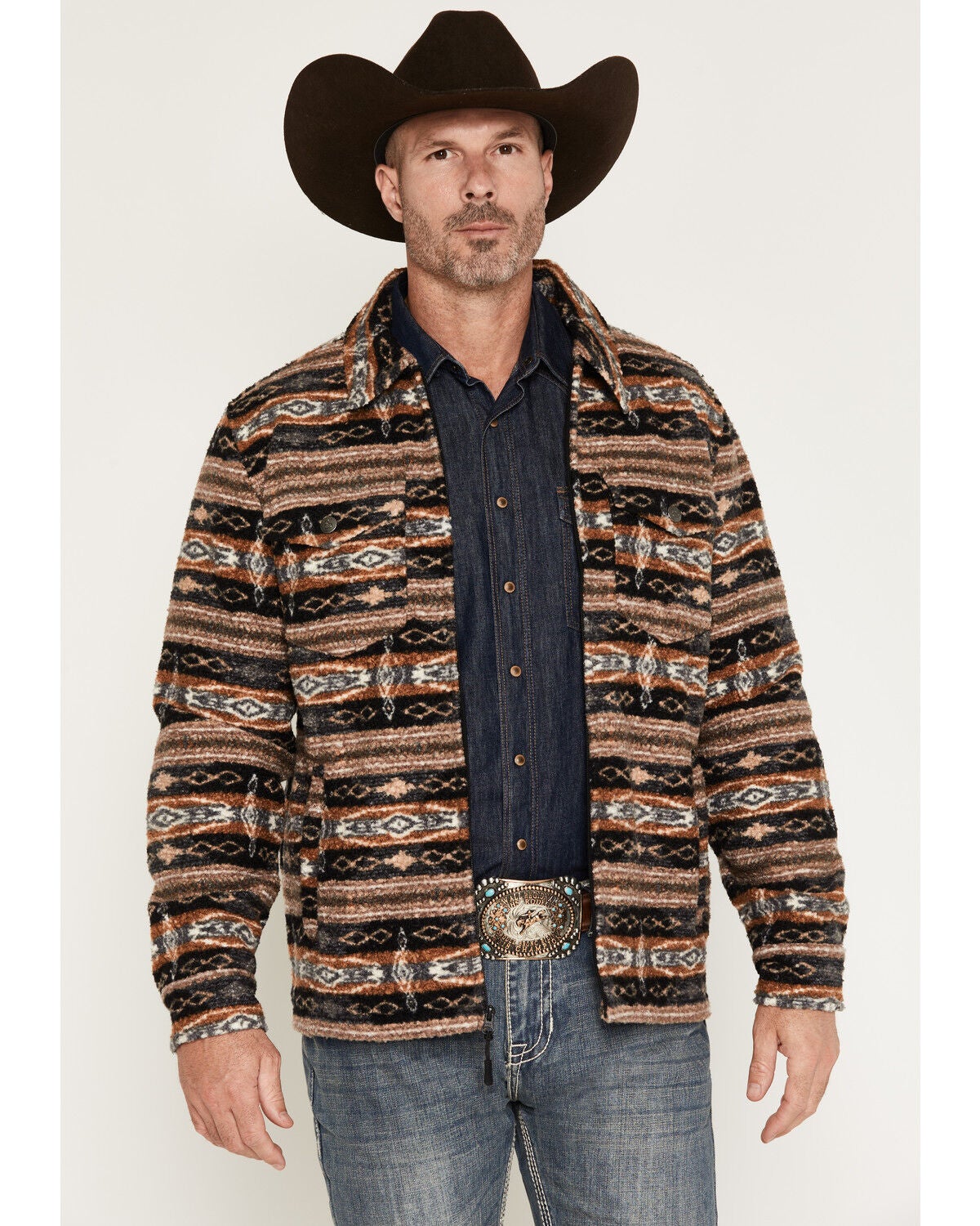 Panhandle Men's Jicarilla Southwestern Print Berber Shirt Jacket, Camel, hi-res