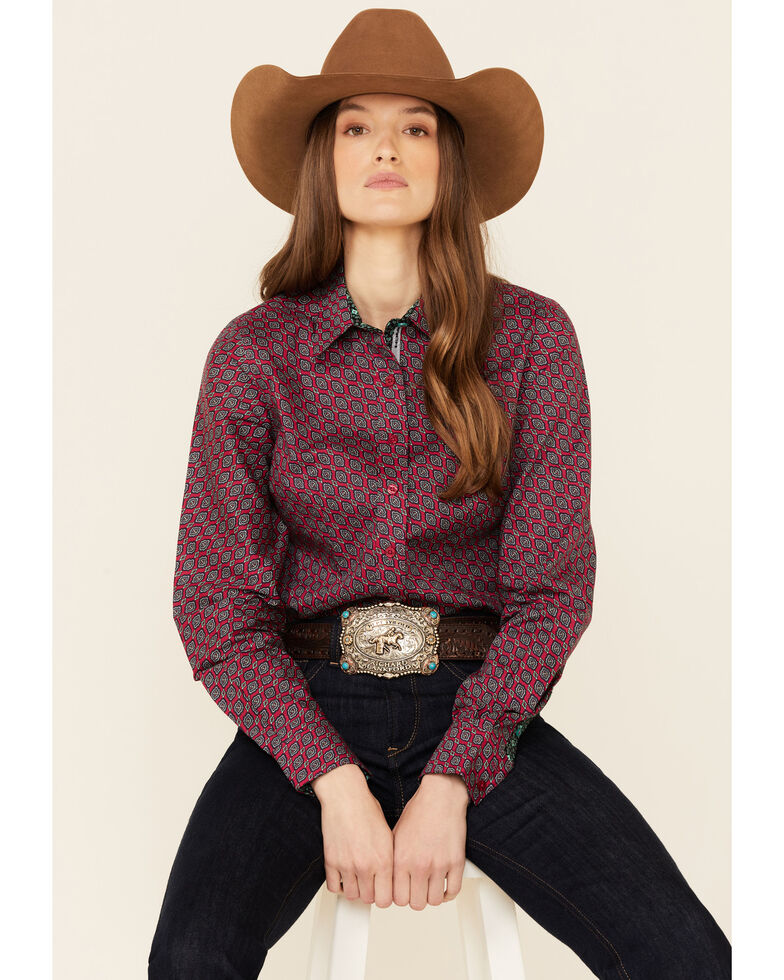 Cinch Women's Burgundy & Turquoise Geo Print Long Sleeve Button-Down Western Core Shirt , Pink, hi-res