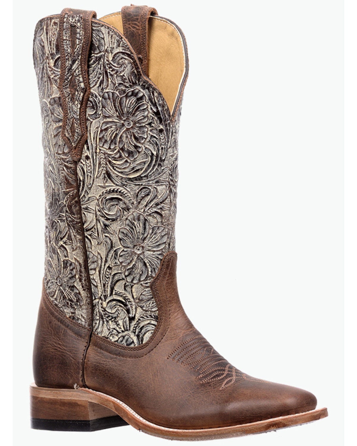 Image #1 - Boulet Women's Tooled Western Boots - Broad Square Toe, Tan, hi-res