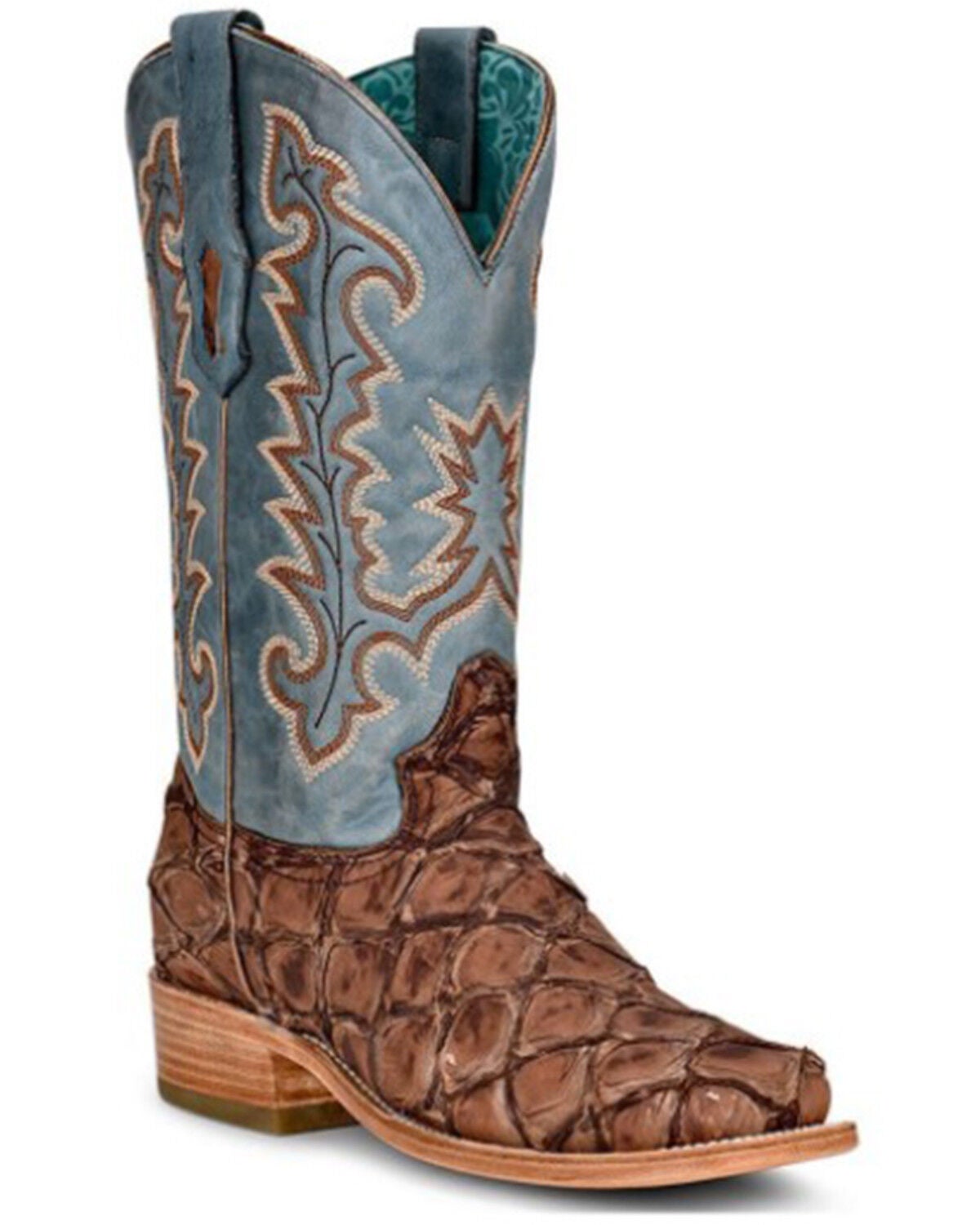 Corral Women's Piracuhu Exotic Embroidered Western Boots - Broad Square Toe, Brown/blue, hi-res