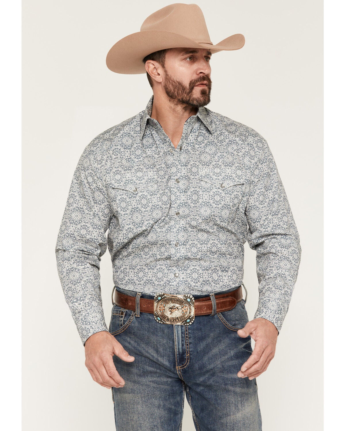 Stetson Men's Medallion Print Long Sleeve Snap Western Shirt, Grey, hi-res