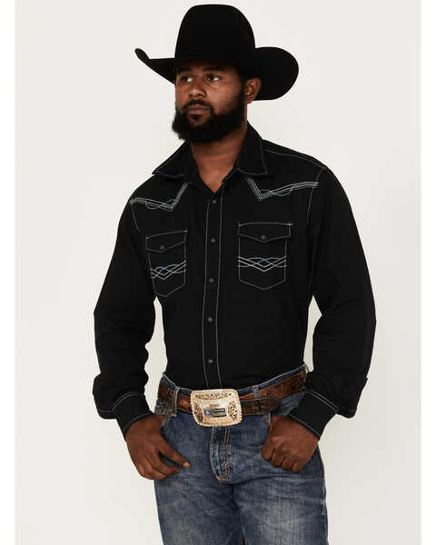 Image #1 - Rock 47 by Wrangler Men's Long Sleeve Embroidered Yoke Solid Snap Western Shirt, Dark Blue, hi-res