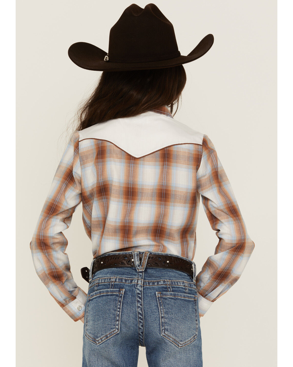 Image #4 - Roper Girls' Plaid Print Embroidered Long Sleeve Western Pearl Snap Shirt, Brown, hi-res