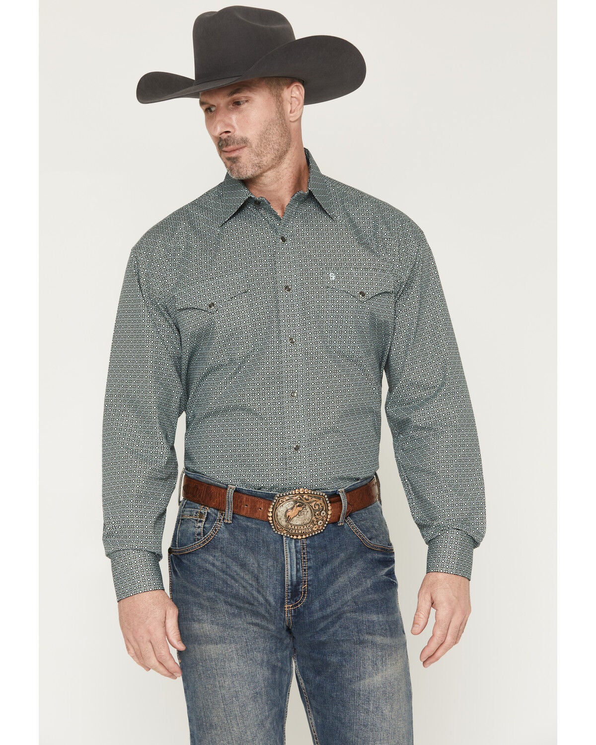 Stetson Men's Geo Print Long Sleeve Snap Western Shirt, Green, hi-res
