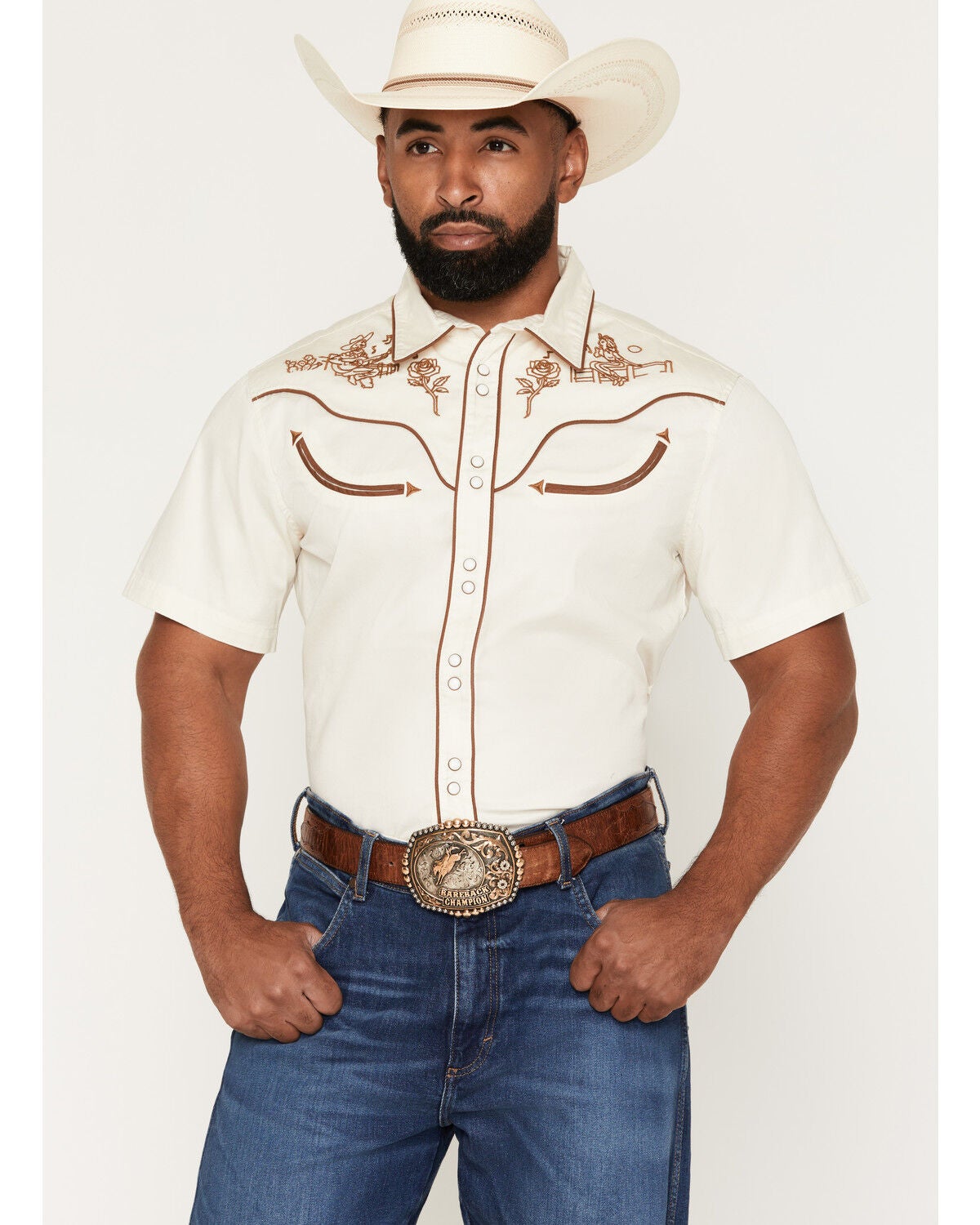 Image #1 - Sendero Provisions Men's Prescott Embroidered Short Sleeve Snap Western Shirt, Off White, hi-res