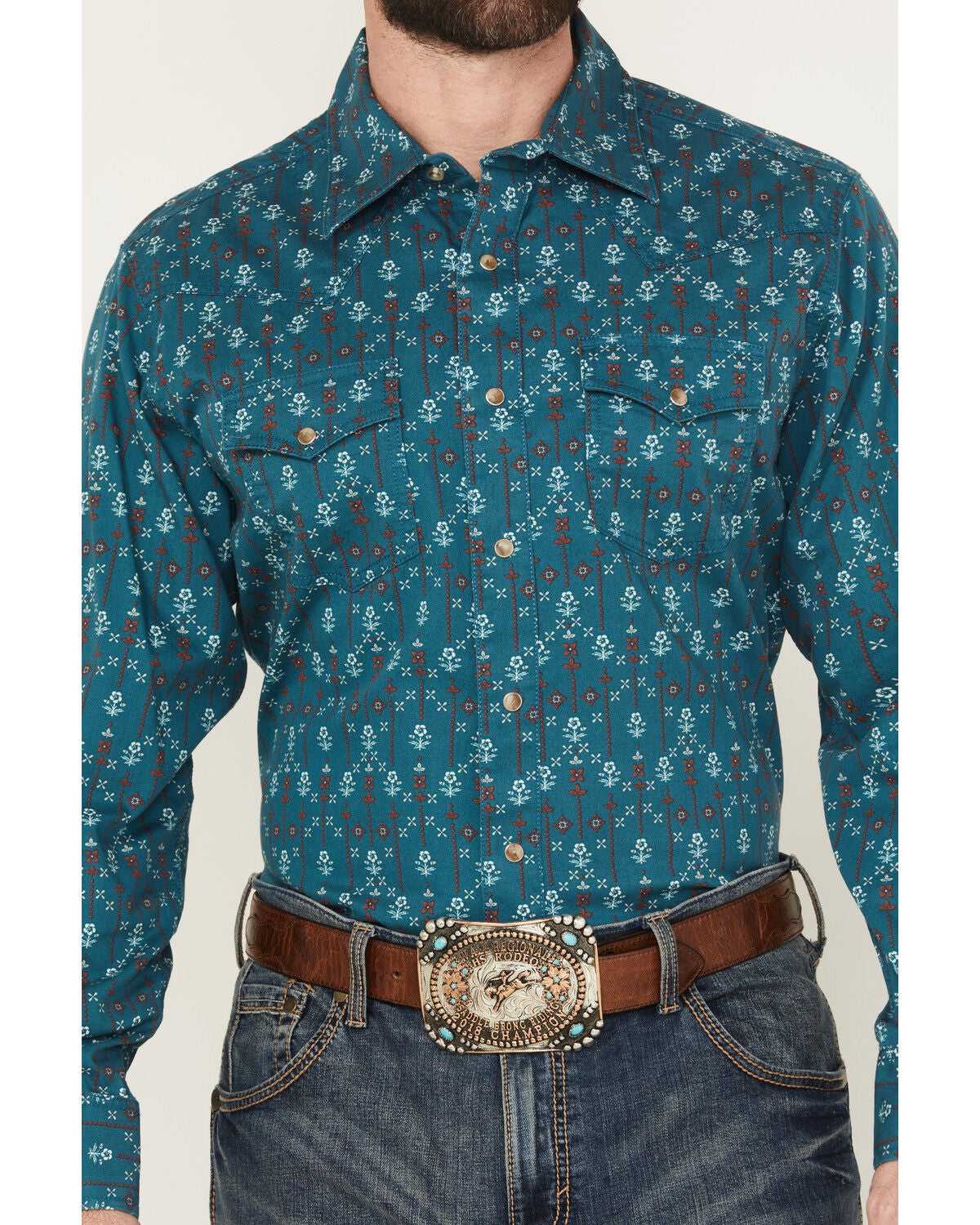 Image #3 - Wrangler Retro Men's Floral Print Long Sleeve Snap Western Shirt, Blue, hi-res