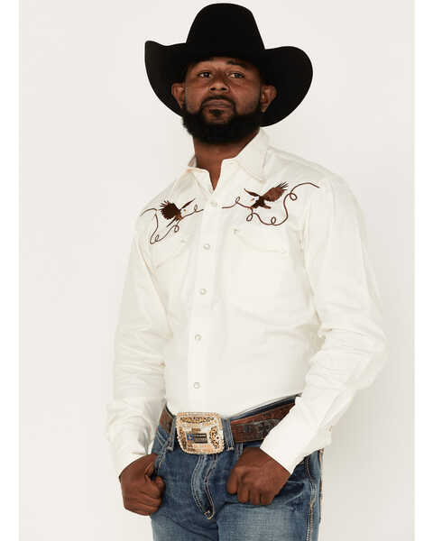 Roper Men's Old West Long Sleeve Pearl Snap Western Shirt, White, hi-res
