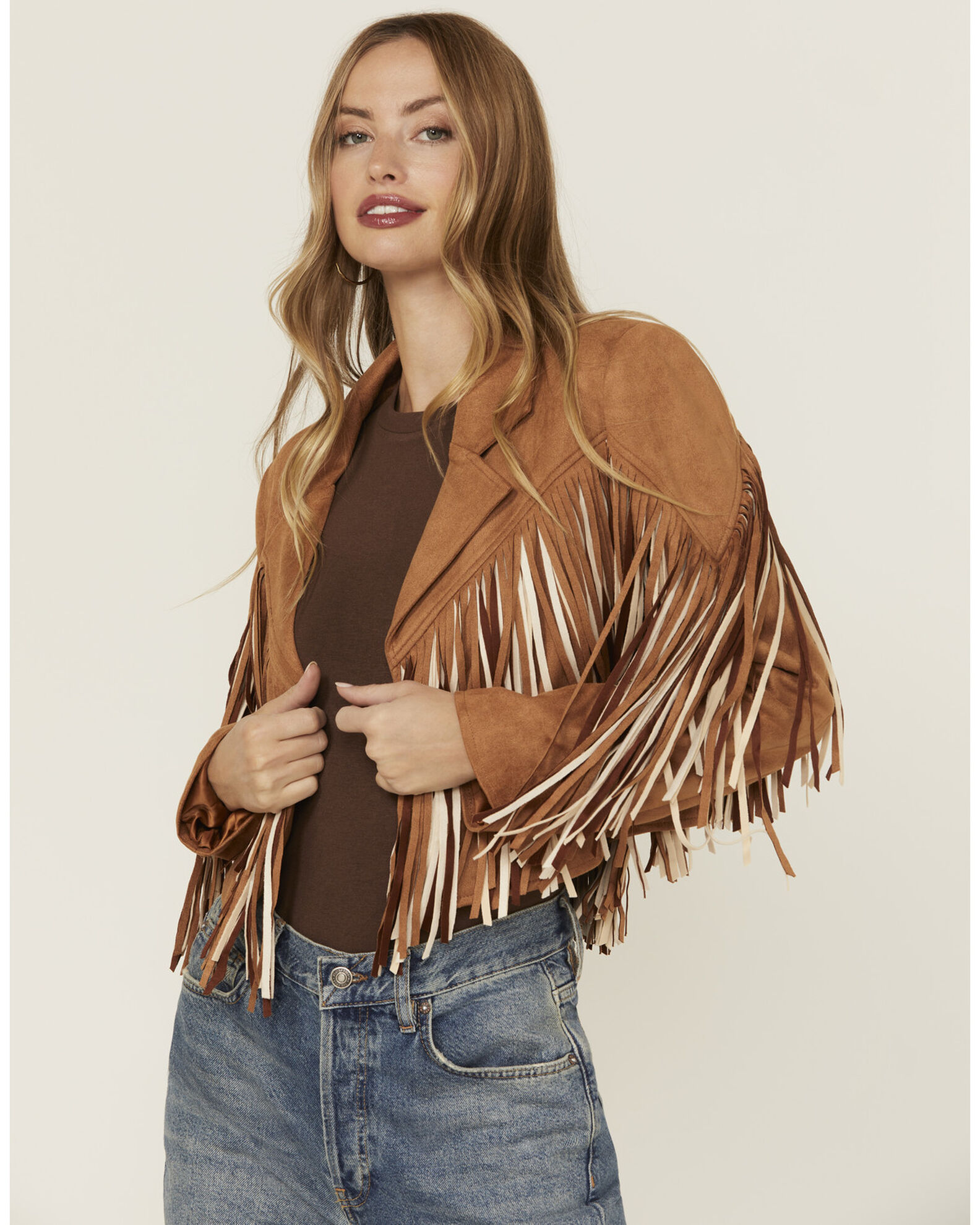 Camel fringe jacket clearance