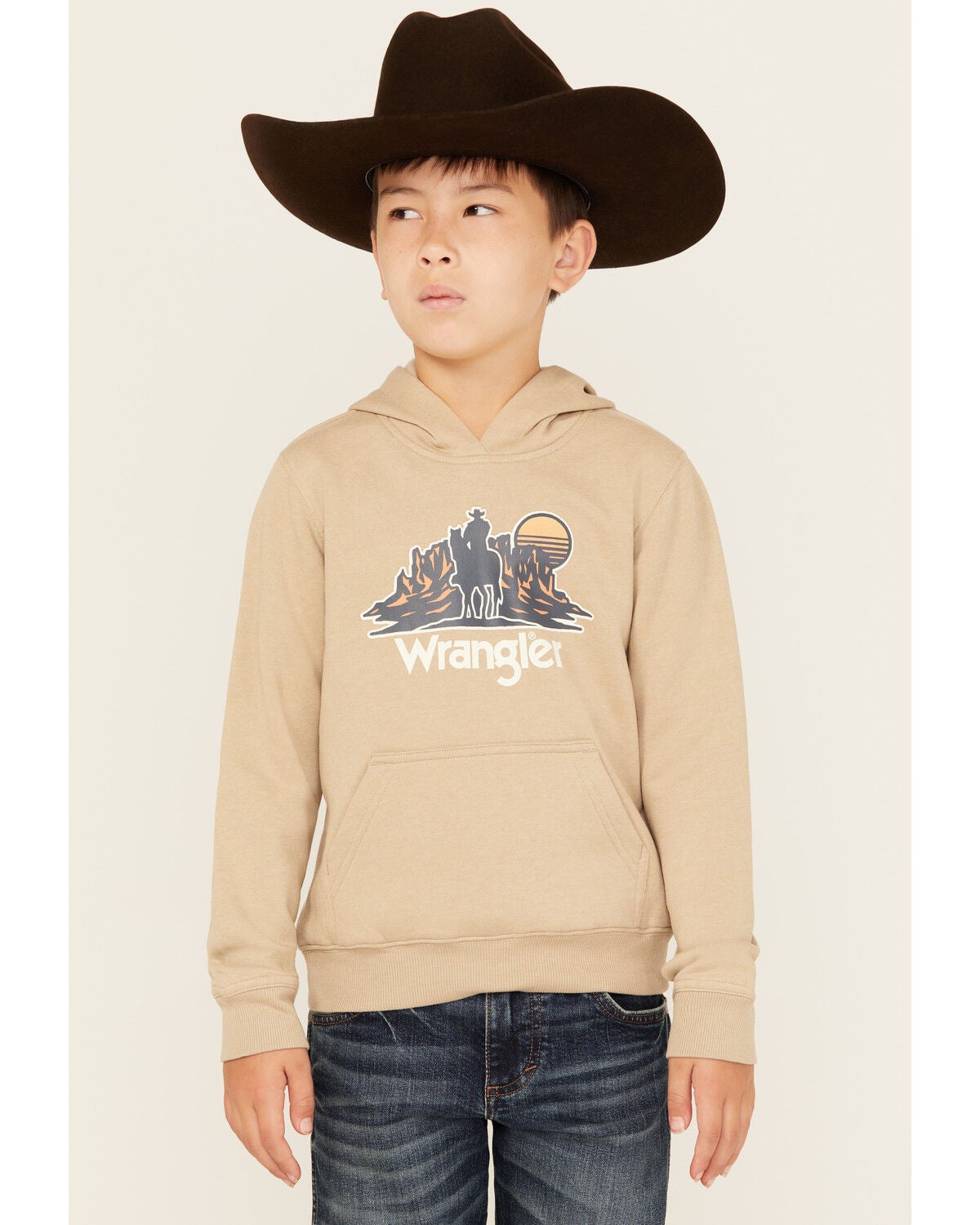 Image #1 - Wrangler Boys' Desert Cowboy Graphic Hooded Sweatshirt, Oatmeal, hi-res