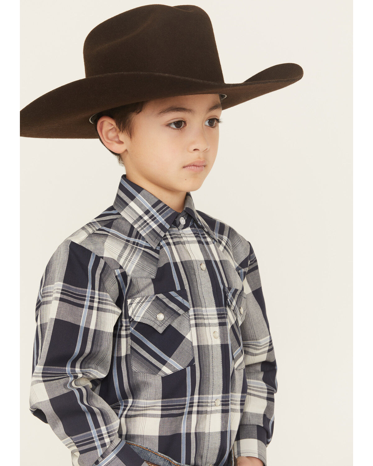 Image #2 - Ely Walker Boys' Plaid Print Long Sleeve Snap Western Shirt, Navy, hi-res