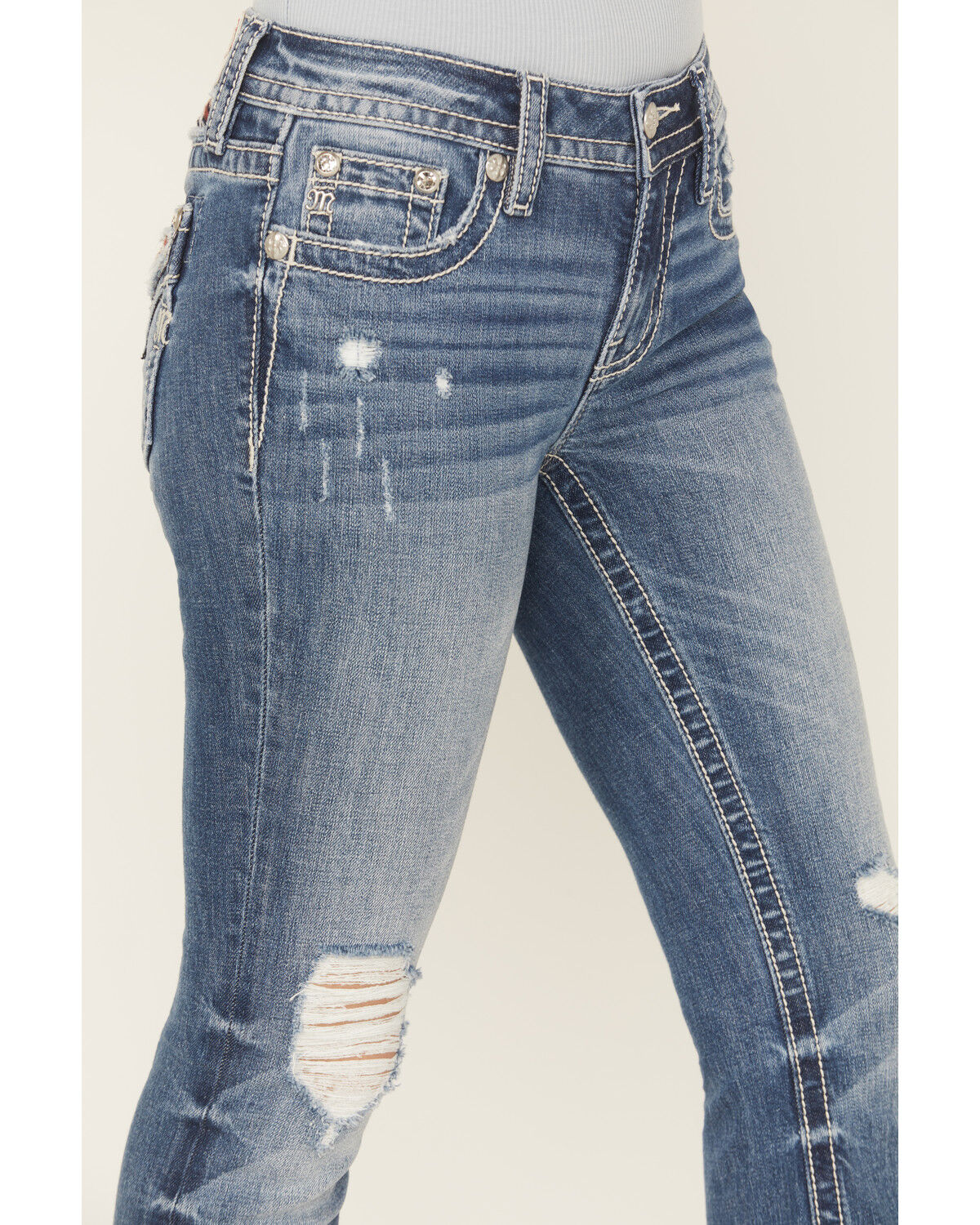 Image #4 - Miss Me Women's Medium Wash Mid Rise Americana Pocket Bootcut Stretch Denim Jeans, Medium Wash, hi-res