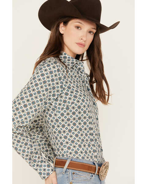 Image #2 - Cinch Women's Geo Print Long Sleeve Button Down Western Shirt, Cream, hi-res