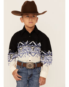 Panhandle Boys' Southwestern Longhorn Border Print Long Sleeve Western Shirt, Multi, hi-res