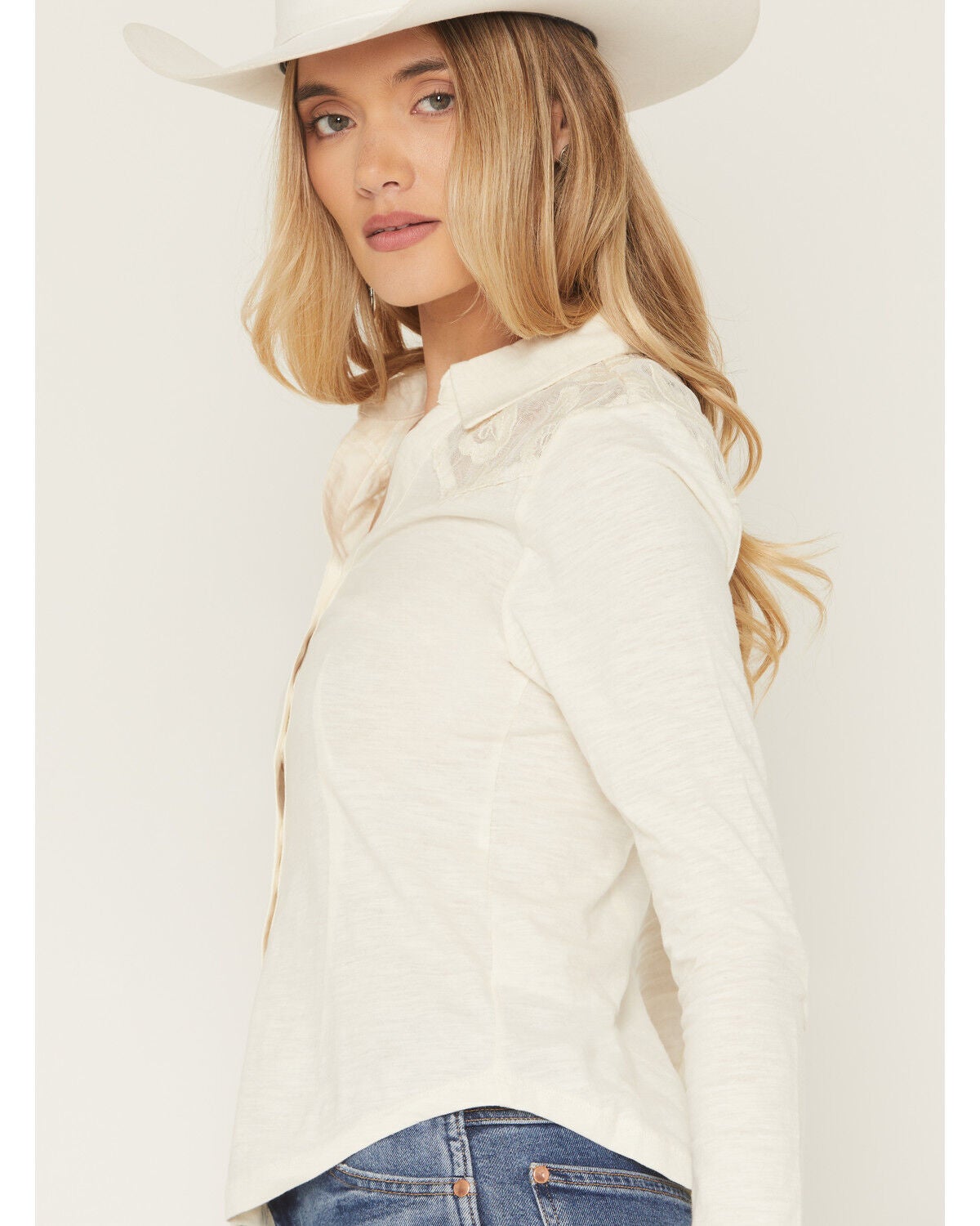Image #3 - Shyanne Women's Solid Lace Wester Yoke Long Sleeve Button-Down Shirt, Cream, hi-res