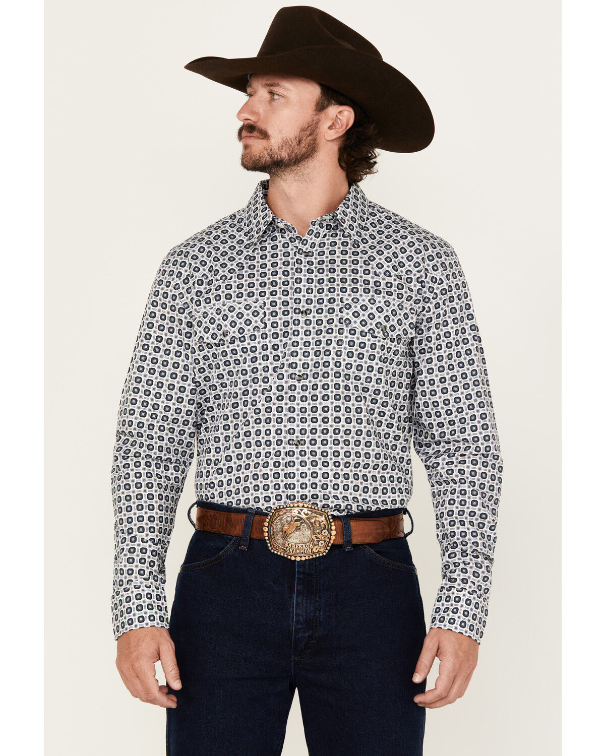 Image #1 - Gibson Trading Co Men's Sprout Geo Print Long Sleeve Snap Stretch Western Shirt, White, hi-res